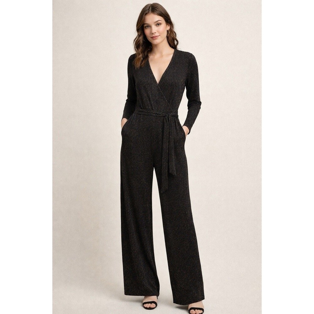 Womens Black Metallic Ribbed Wrap Jumpsuit Medium Wide Leg Disco Glam 70s Pride